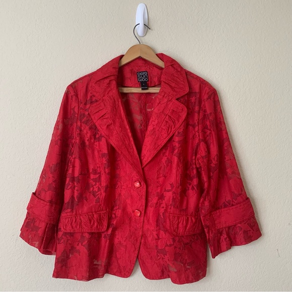 Clara Sun Woo Red Sheer Floral Two Button Blazer Jacket Size Large 3/4 Sleeve - Picture 10 of 10